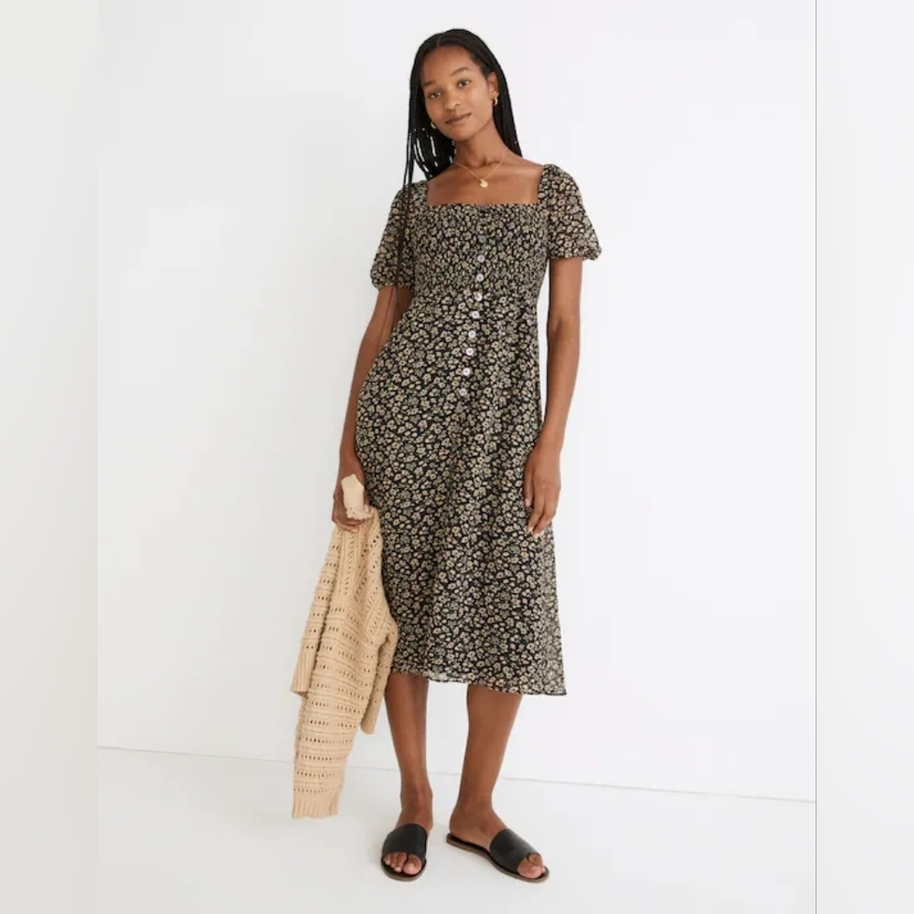 Madewell Seersucker Lucie Button-Front Smocked Midi Dress Piccola Floral Small